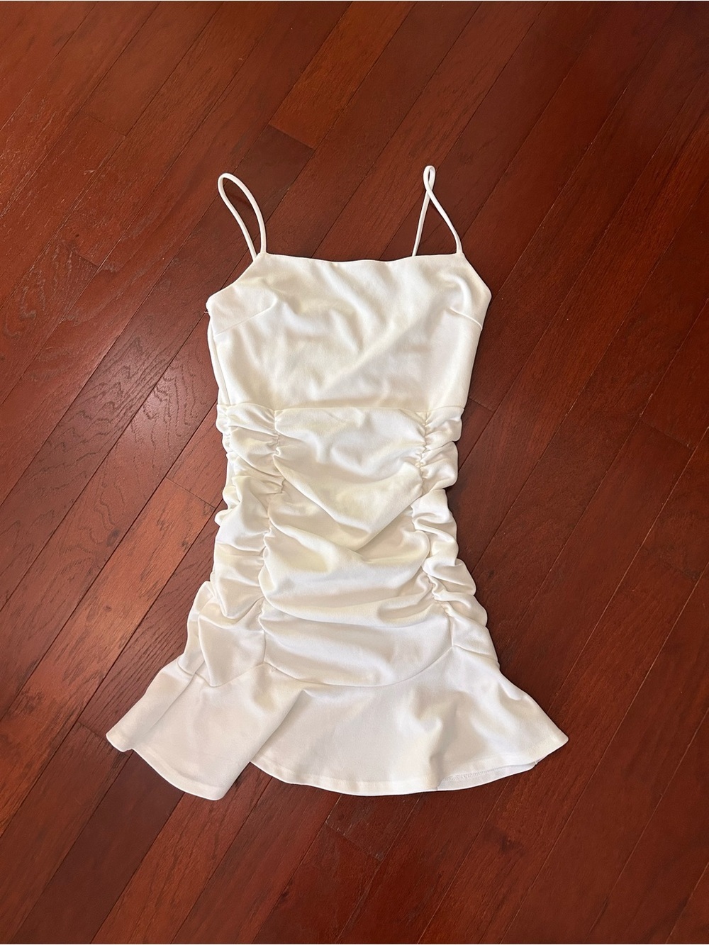 CEFIAN Ivory Ruched Ruffle-Hem Mini Dress Spaghetti Strap Cocktail/Going XS/S